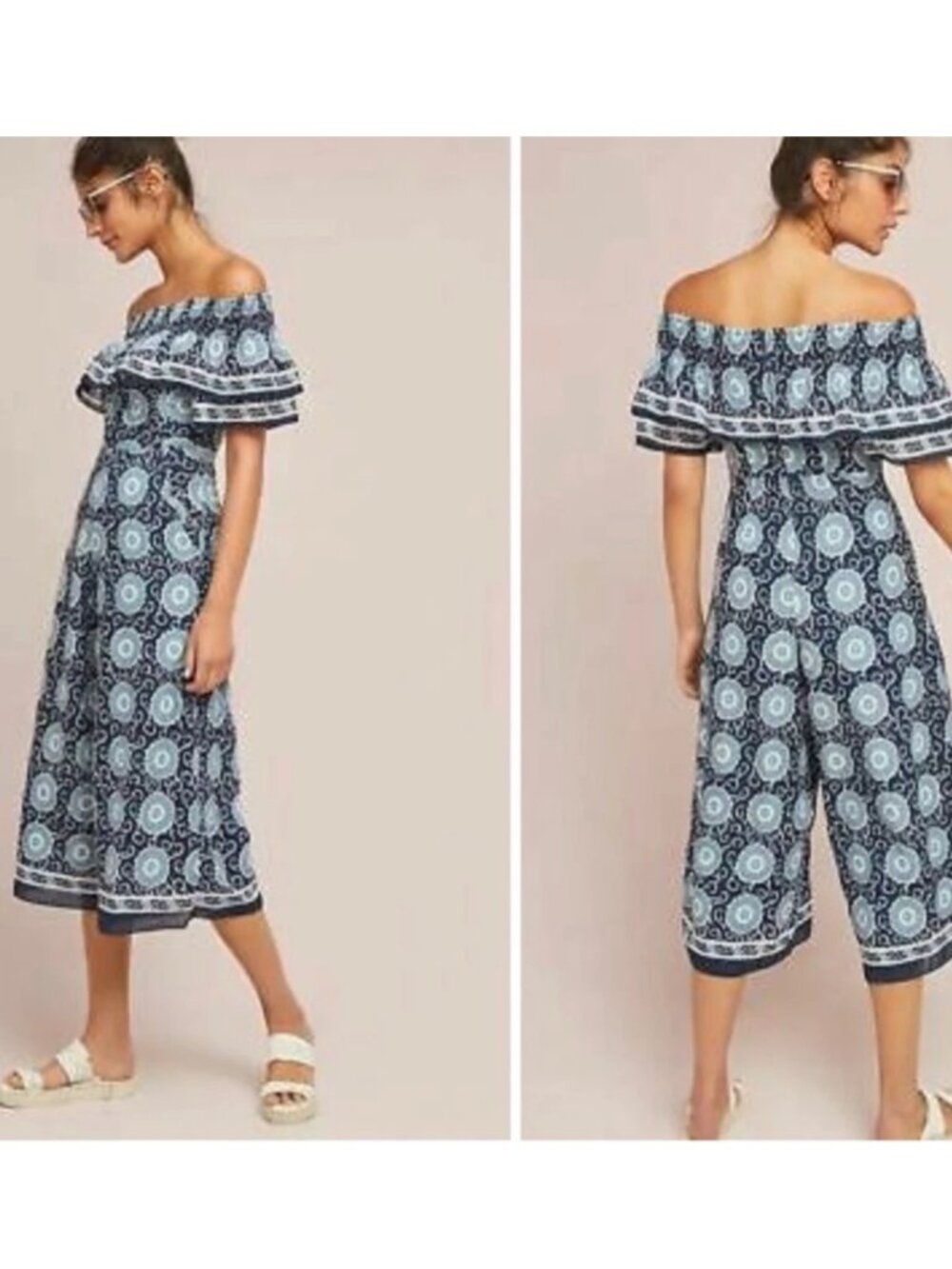 ANTHROPOLOGIE Kopal Suzani Off The Shoulder Romper Jumpsuit Blue Women's XS EUC